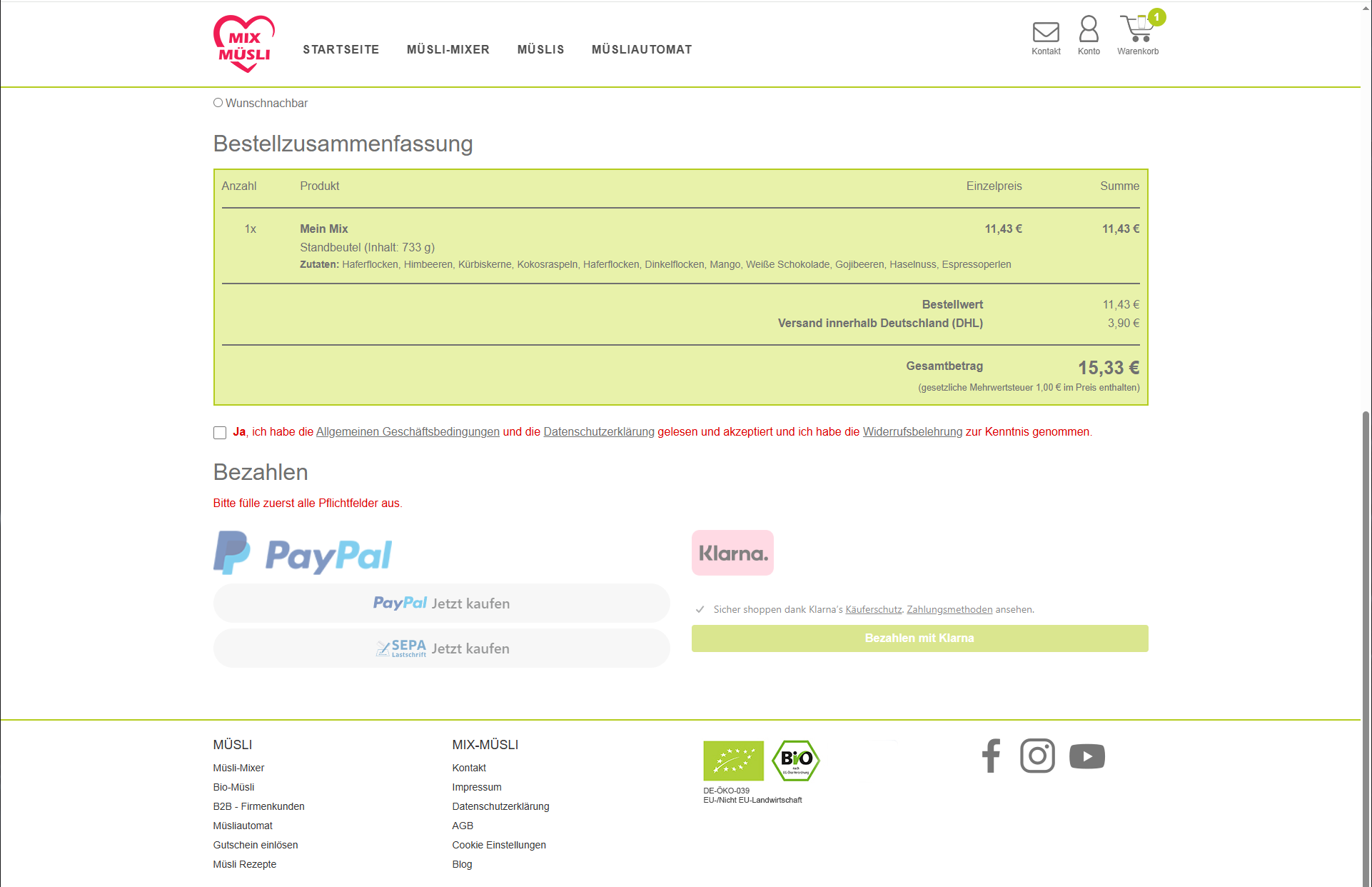 Die Kasse Seite unten mit einer Bestellzusammenfassung und Bezahlmetrhoden.