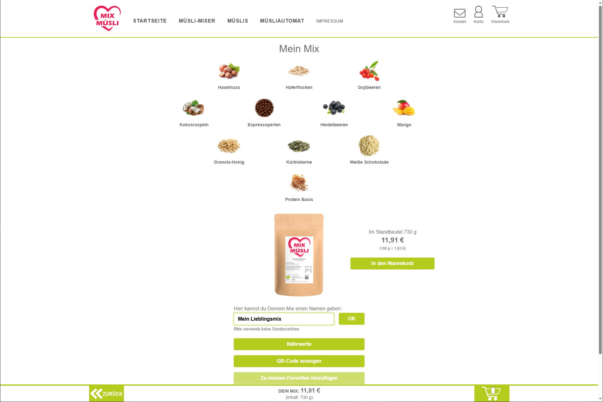 Übersicht von Müslizutaten die zusammen einen eigenen Müsli-Mix ergeben. Angaben mit Menge, Preis und Namenseingabe um dem Mix einen eigenem Namen zu geben bevor man ihn hier in den Onlineshop Warenkorb legen kann.