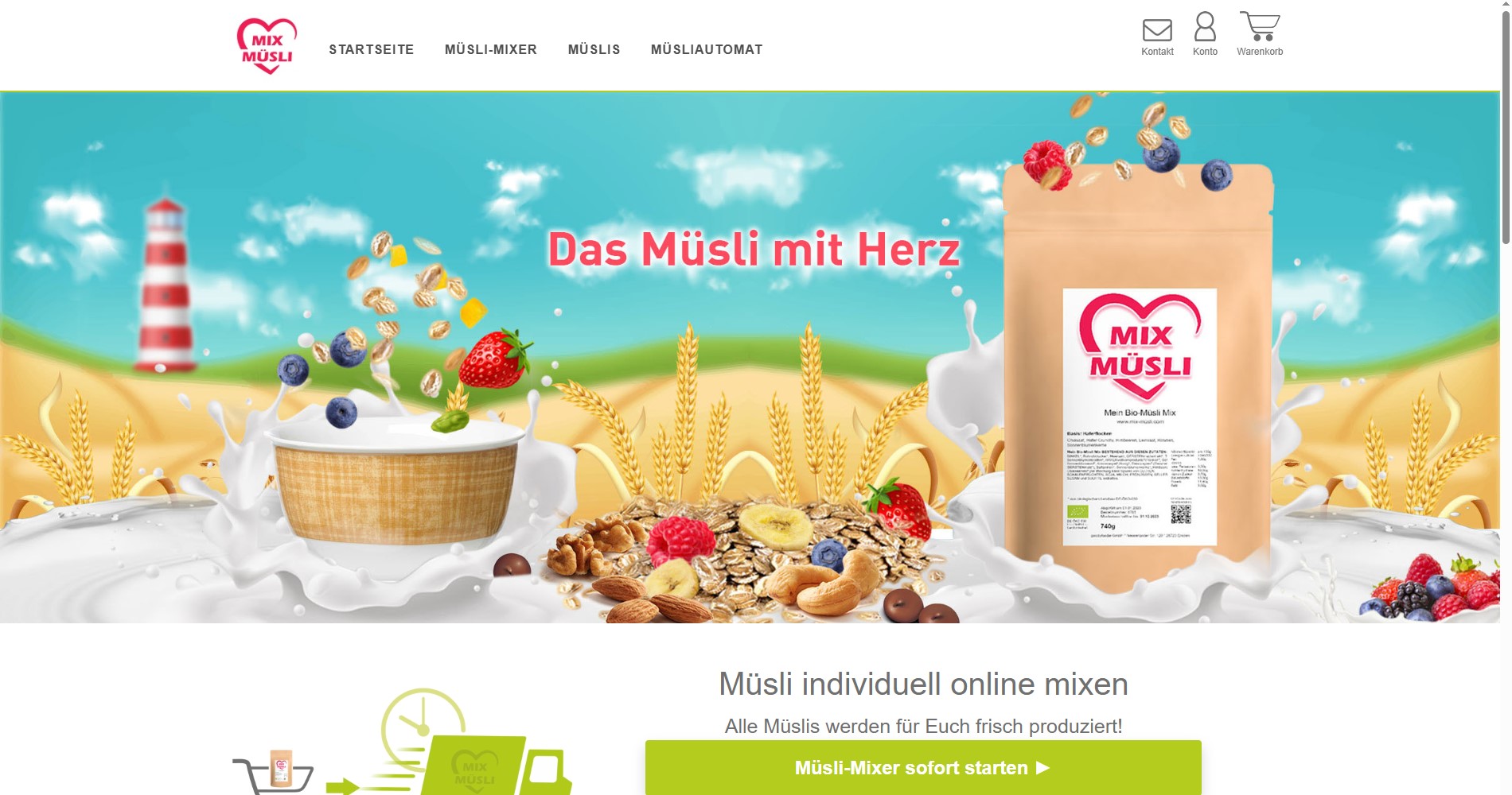 Onlineshop Mix-Müsli - Startseite mit gemalten Früchten, Nüßen und Flakes neben einer Müslipackung aus Papier.