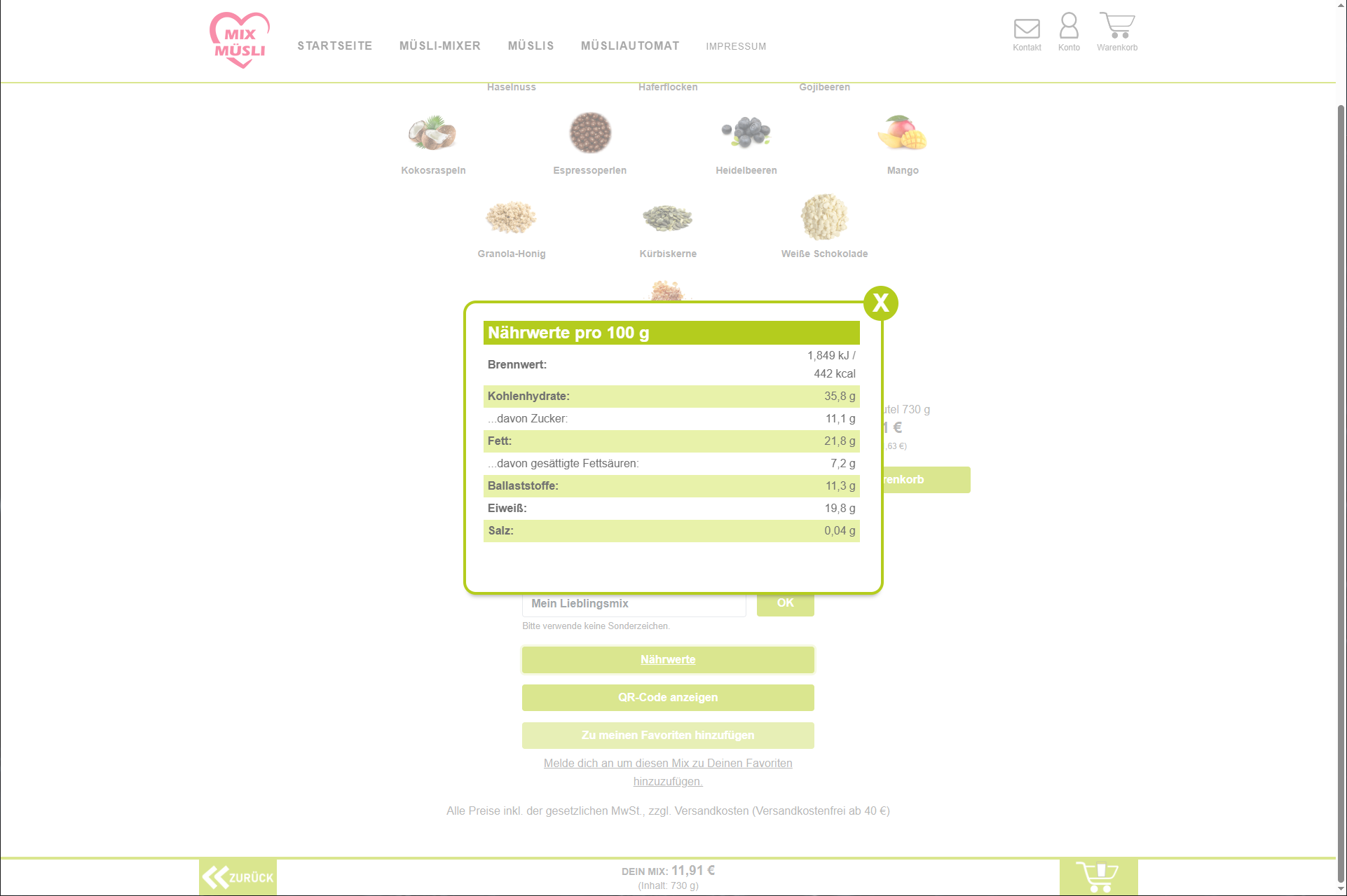 Die Nährwerte des Müslis das selbst erstellt wurde werden hier berechnet und angezeigt.