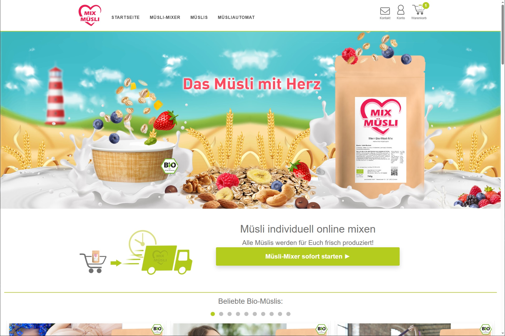Onlineshop Mix-Müsli Startseite mit gemalten Früchten, Nüßen und Flakes neben einer Müslipackung aus Papier.