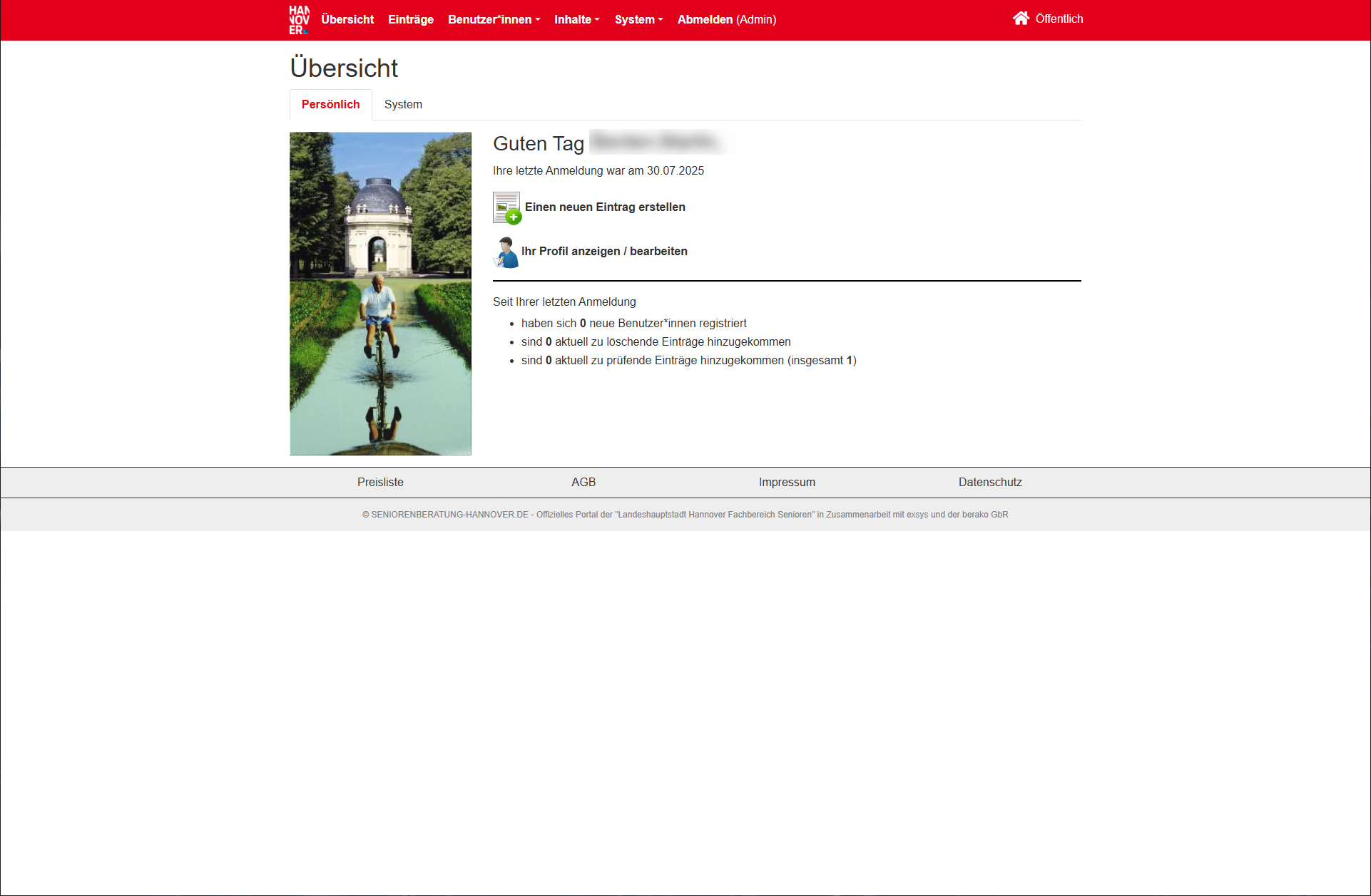 Startseite des administrativen Bereichs vom Online-Informationssystem. Hier können Anbieter und Dienstleister neue Einträge erstellen und verwalten.