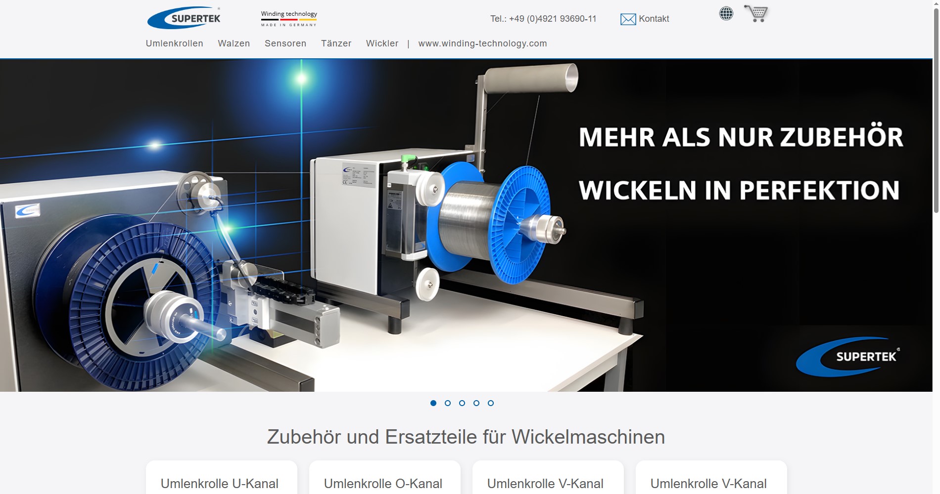 Startseite des Onlineshops Spool-Machine von Superetek. Ein Aufwickler und ein Abwickler im Einsatz.