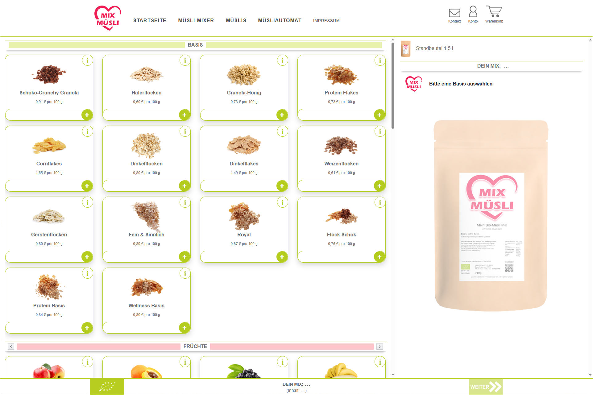 Viele Müsli Basis-Zutaten in einem Onlineshop als Auswahl wie Hafer-, Dinkel-, Weizenflocken usw. die rechts in einem eigenem Mixer gelegt werden können.