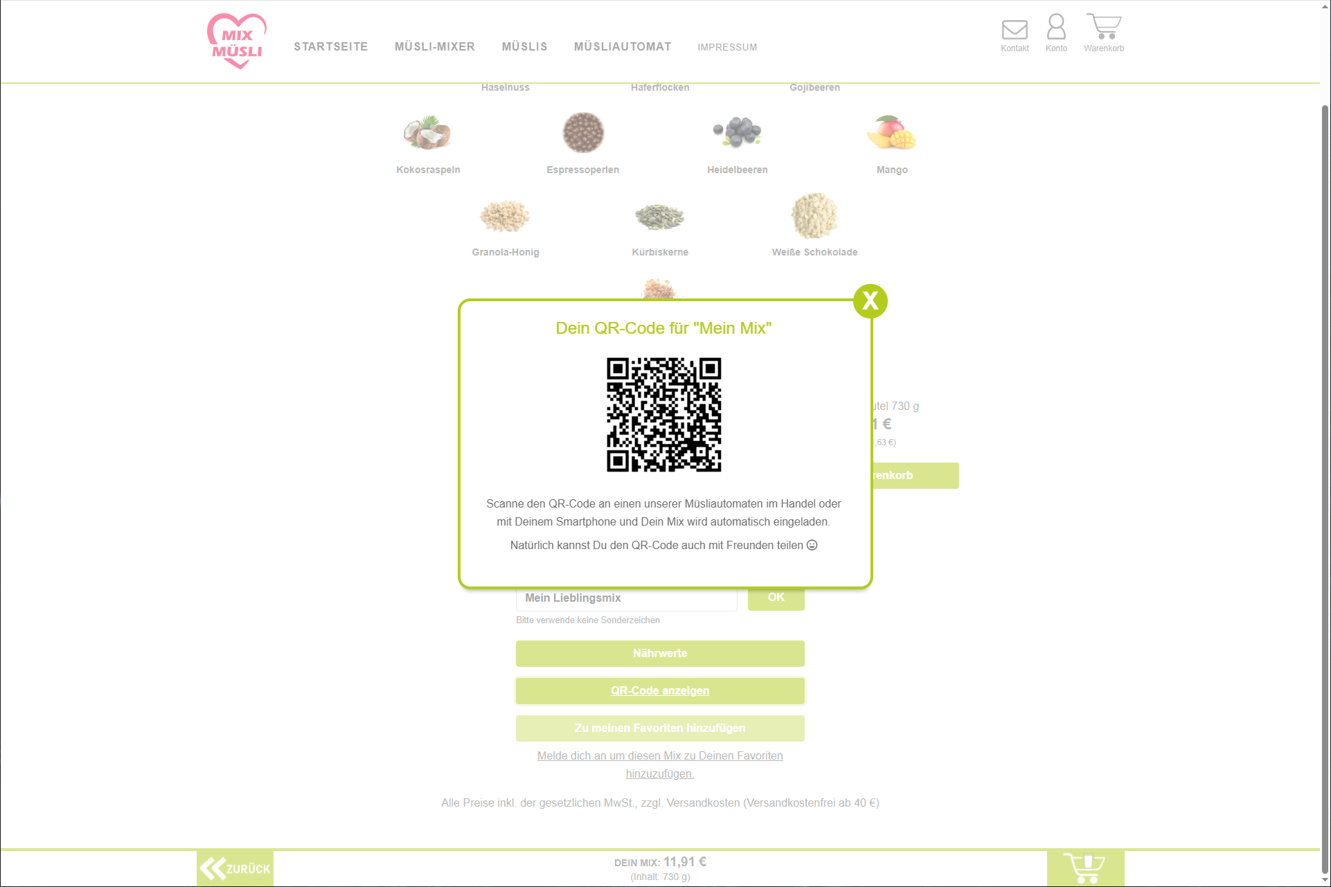 Ein generierter QR-Code zum einscannen und teilen von dem selbst erstelltem Müsli.