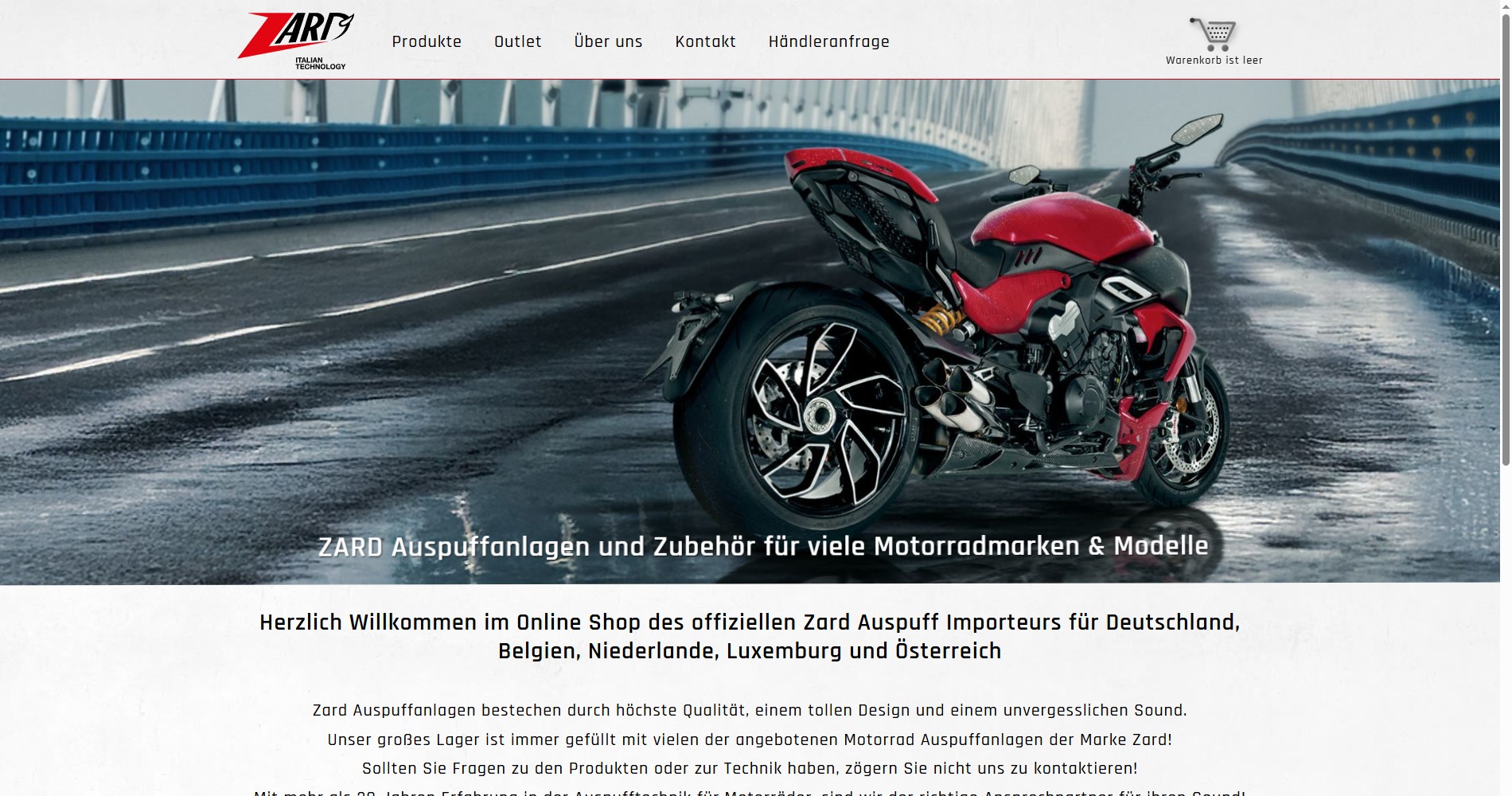 Startseite des Onlineshops von Zardauspuff. Oben ist ein rotes Motorrad der Marke Ducati, Modell Predator, mit Auspuffanlage zu sehen und darunter ein Begrüßungstext.