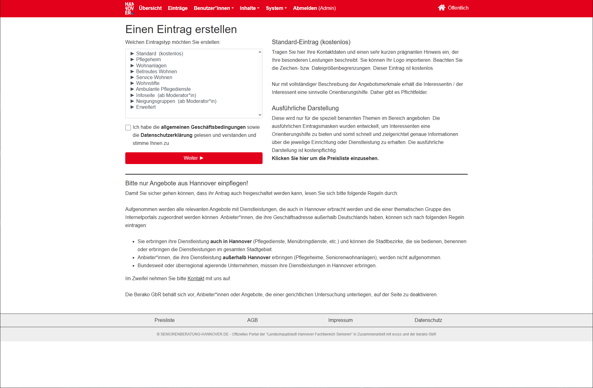 Eine Auswahl an Standard- und besonderen Eintragstypen für den Bereich Senioren in der Landeshauptstadt Hannover.