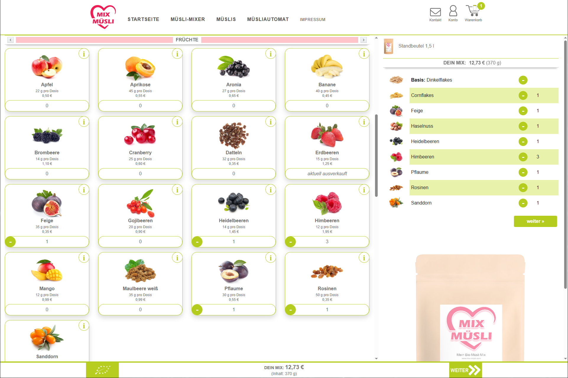 Onlineshop Müslizutaten wie Erdbeeren, Himbeeren, Mango, Bananen etc. zur Auswahl um Sie rechts in einem selbst zusammengestellten Mix zu legen.
