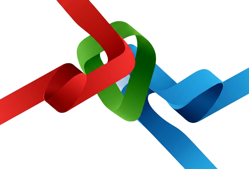 3 Bänder in rot, grün und blau die ineinander verpflochten sind um die Vielseitigkeit und Designmöglichkeiten einer individuellen Homepageerstellung zu veranschaulichen.