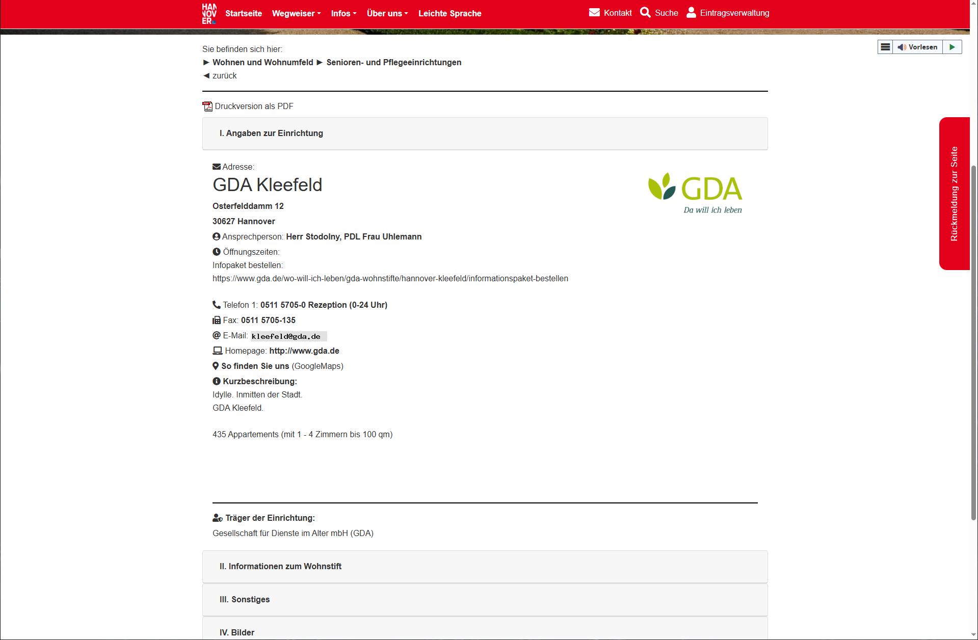 Ein erweiterter Eintrag in der Eintragsverwaltung der Seniorenberatung-Hannover.