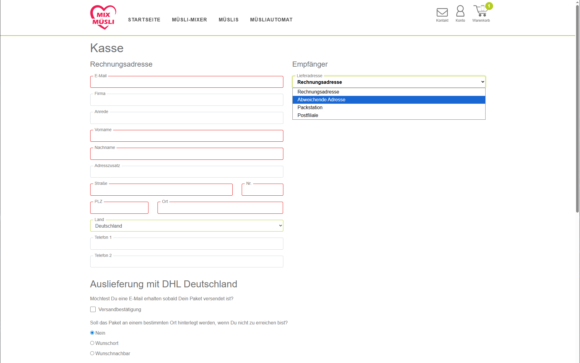 Die Kassenseite oder der Checkout des Onlineshops mit der Möglichkeit eine Rechnungs- und Lieferadresse einzugeben.