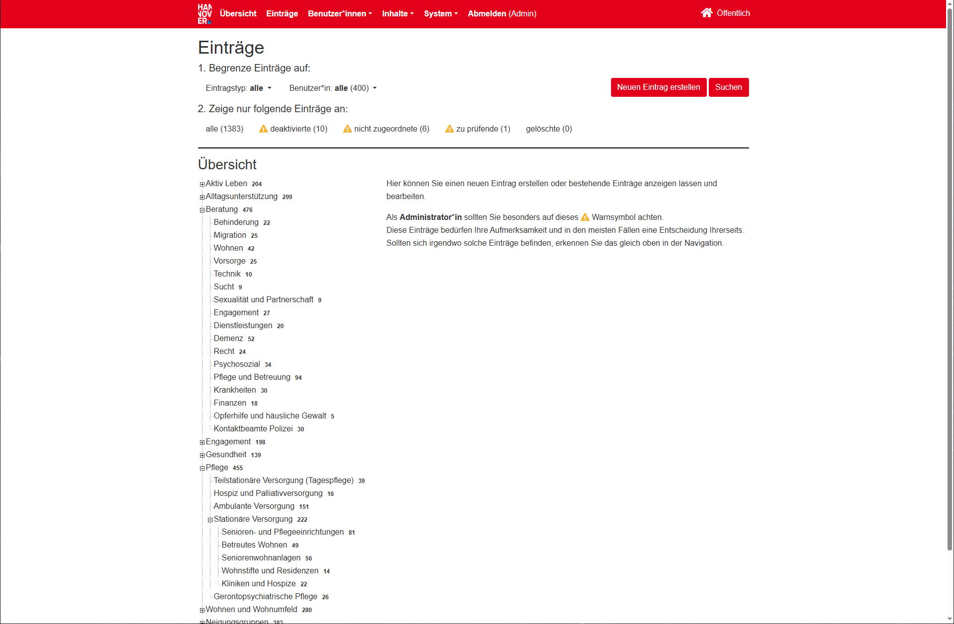 Eine Übersicht aller Kategorien mit der Anzahl der Einträge und Aufgaben für einen Administrator für z.B. zu prüfende Einträge oder nicht zugeordneten Einträgen.